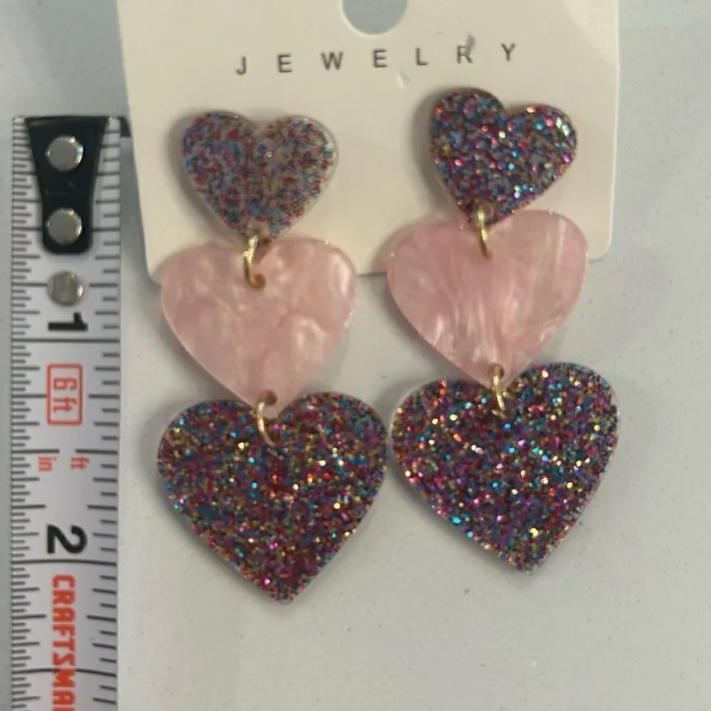 Pink sparkly heart drop earrings